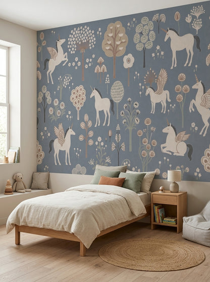 Unicorn Orman Desenli Poster Duvar Kağıdı Mavi Çocuk Odası