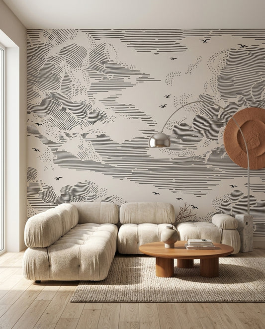Çizgisel Bulutlu Poster Duvar Kağıdı Siyah Beyaz Salon