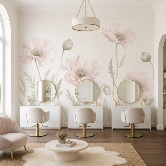 Pastel Haşhaş Çiçekli Poster Duvar Kağıdı Pudra Pembe Salon