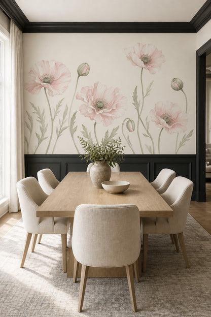 Pastel Haşhaş Çiçekli Poster Duvar Kağıdı Pudra Pembe Salon