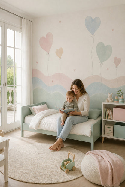 Kalpli Balonlu Poster Duvar Kağıdı Pastel Çocuk Odası