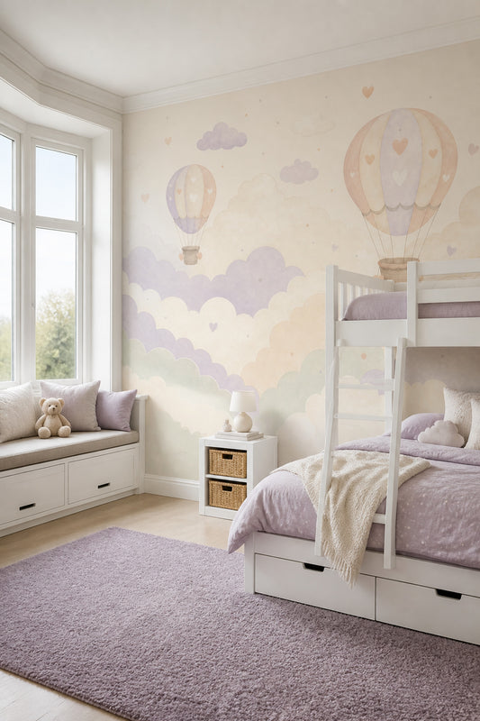 Pastel Balonlu Poster Duvar Kağıdı Bulut Desenli Bebek Odası
