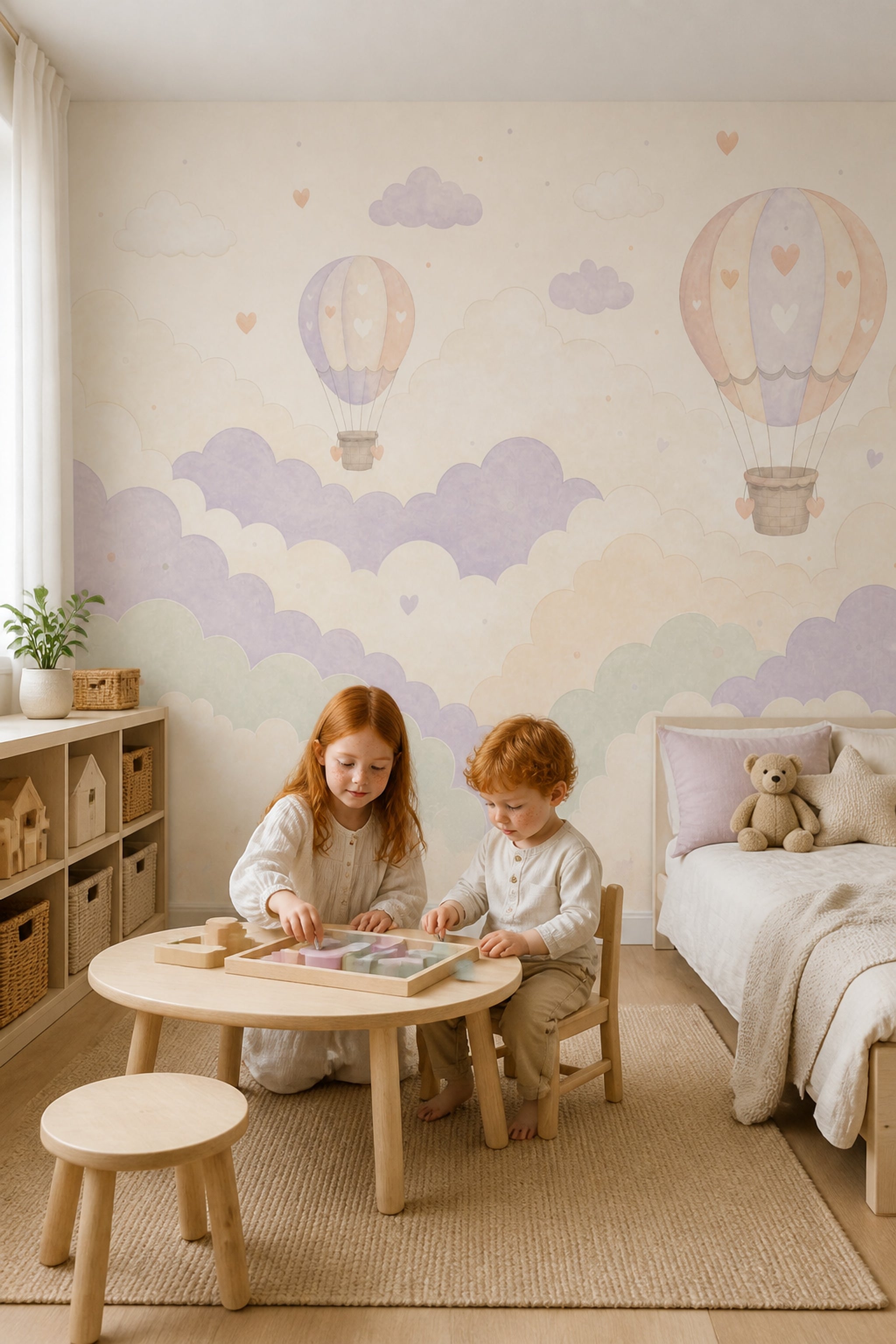 Pastel Balonlu Poster Duvar Kağıdı Bulut Desenli Bebek Odası