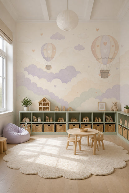Pastel Balonlu Poster Duvar Kağıdı Bulut Desenli Bebek Odası