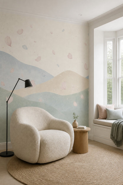Pastel Dalga Desenli Poster Duvar Kağıdı Yeşil Bej Salon