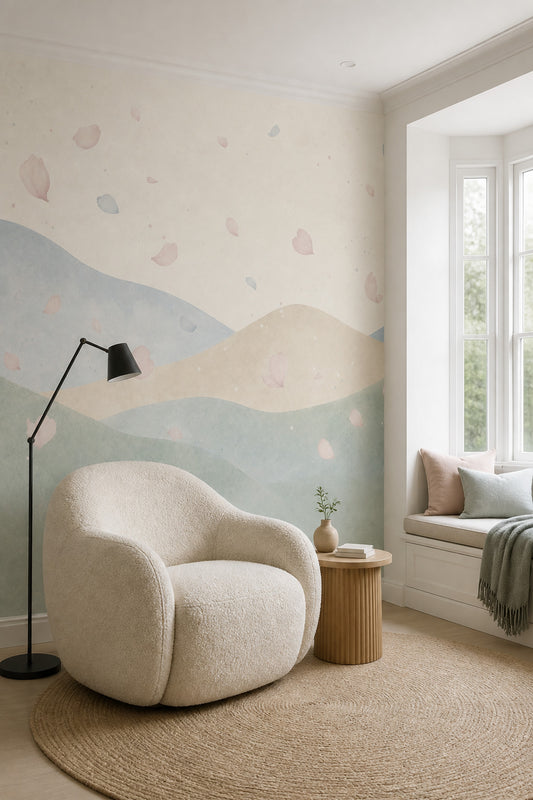 Pastel Dalga Desenli Poster Duvar Kağıdı Yeşil Bej Salon