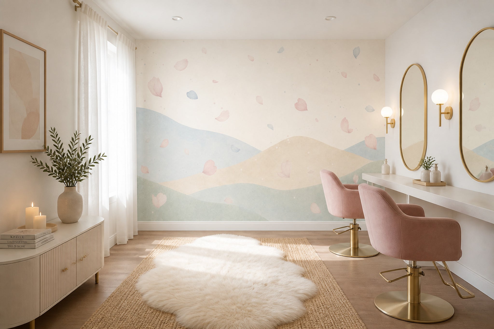 Pastel Dalga Desenli Poster Duvar Kağıdı Yeşil Bej Salon