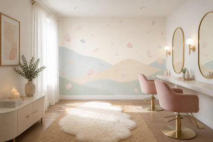 Pastel Dalga Desenli Poster Duvar Kağıdı Yeşil Bej Salon