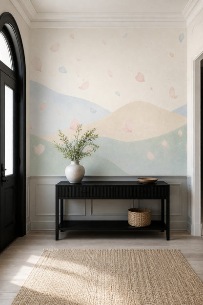 Pastel Dalga Desenli Poster Duvar Kağıdı Yeşil Bej Salon