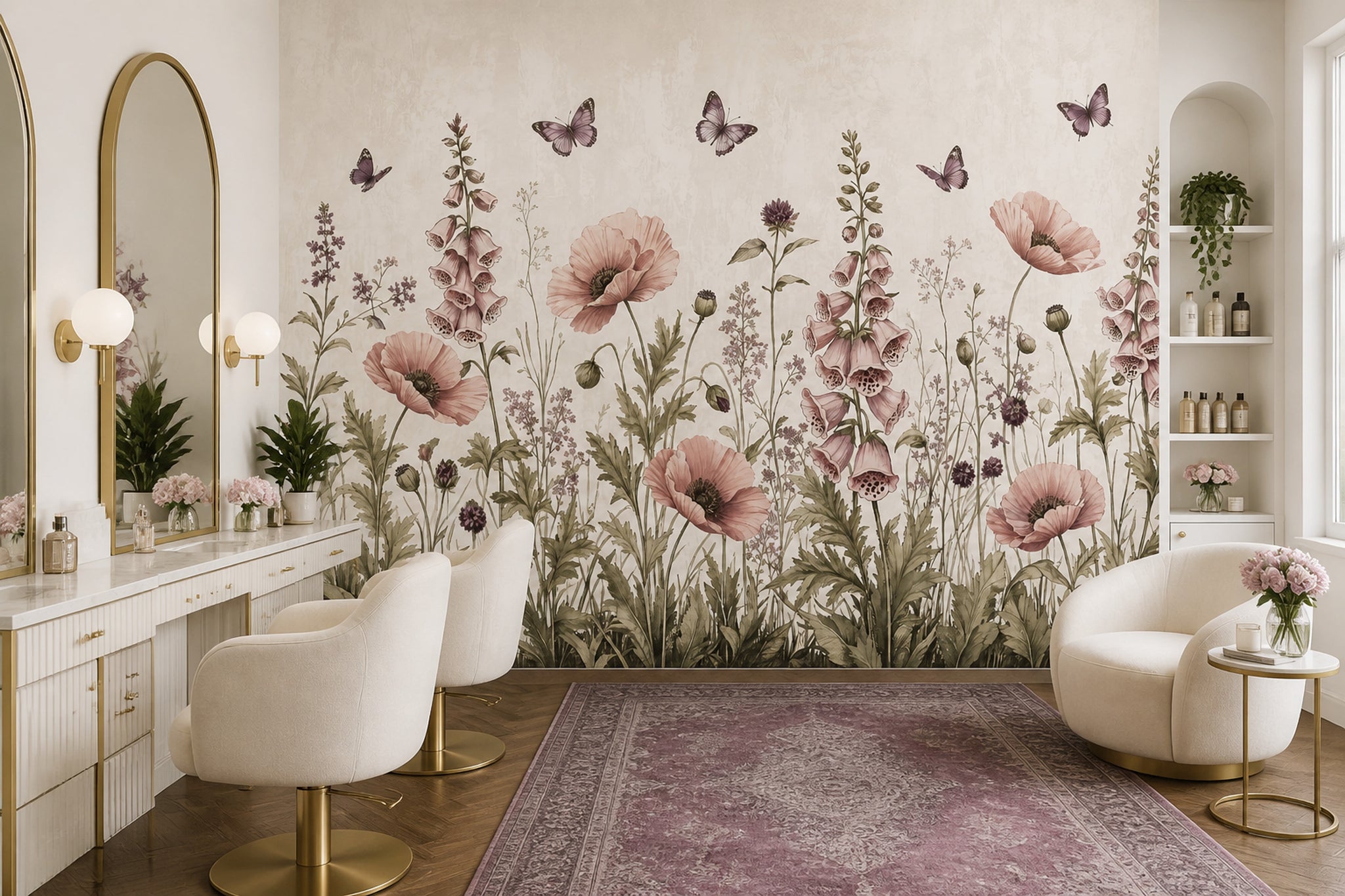 Pudra Pembe Çiçekli Poster Duvar Kağıdı Kelebekli Salon