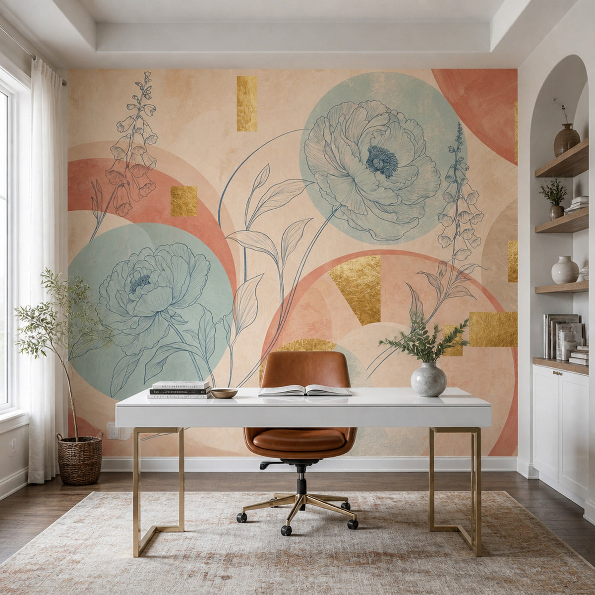 Çizgisel Çiçekli Poster Duvar Kağıdı Pastel Modern Yatak Odası