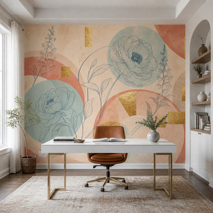 Çizgisel Çiçekli Poster Duvar Kağıdı Pastel Modern Yatak Odası