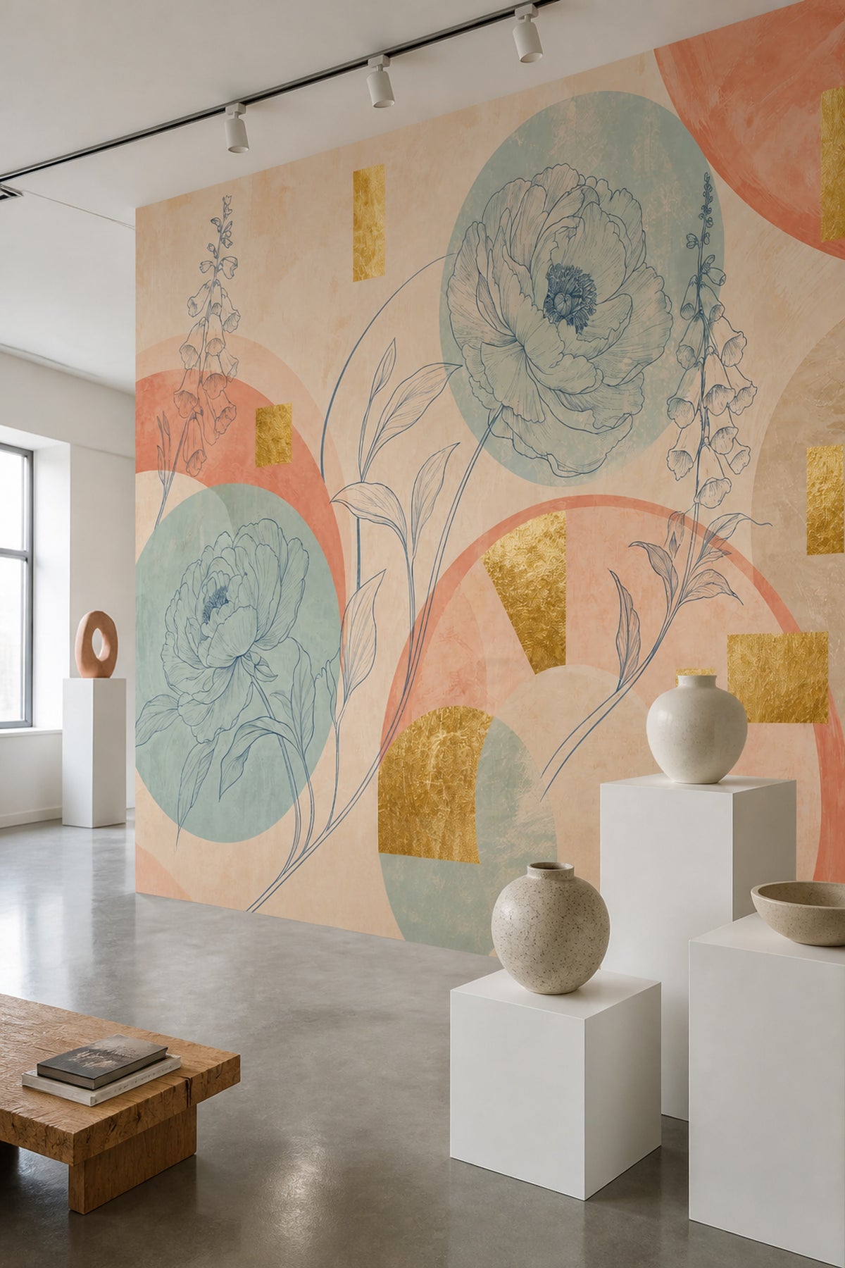 Çizgisel Çiçekli Poster Duvar Kağıdı Pastel Modern Yatak Odası