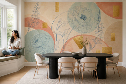 Çizgisel Çiçekli Poster Duvar Kağıdı Pastel Modern Yatak Odası
