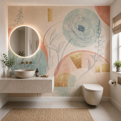 Çizgisel Çiçekli Poster Duvar Kağıdı Pastel Modern Yatak Odası