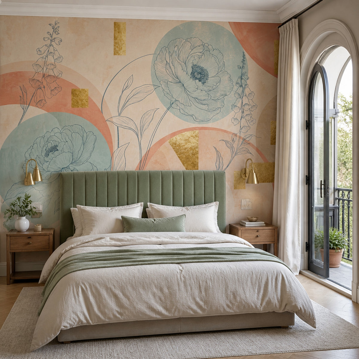 Çizgisel Çiçekli Poster Duvar Kağıdı Pastel Modern Yatak Odası