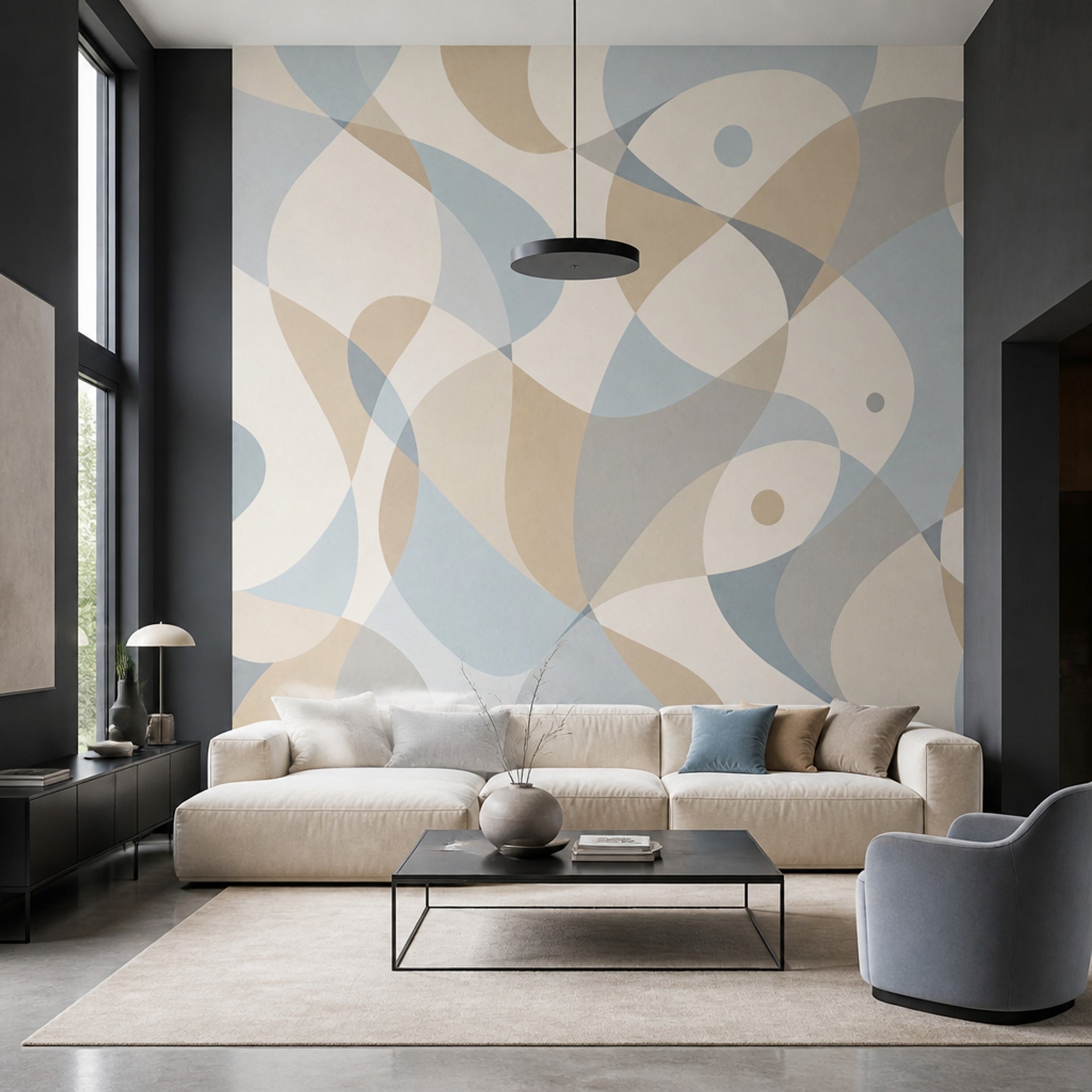 Soyut Geometrik Poster Duvar Kağıdı Bej Mavi Yatak Odası