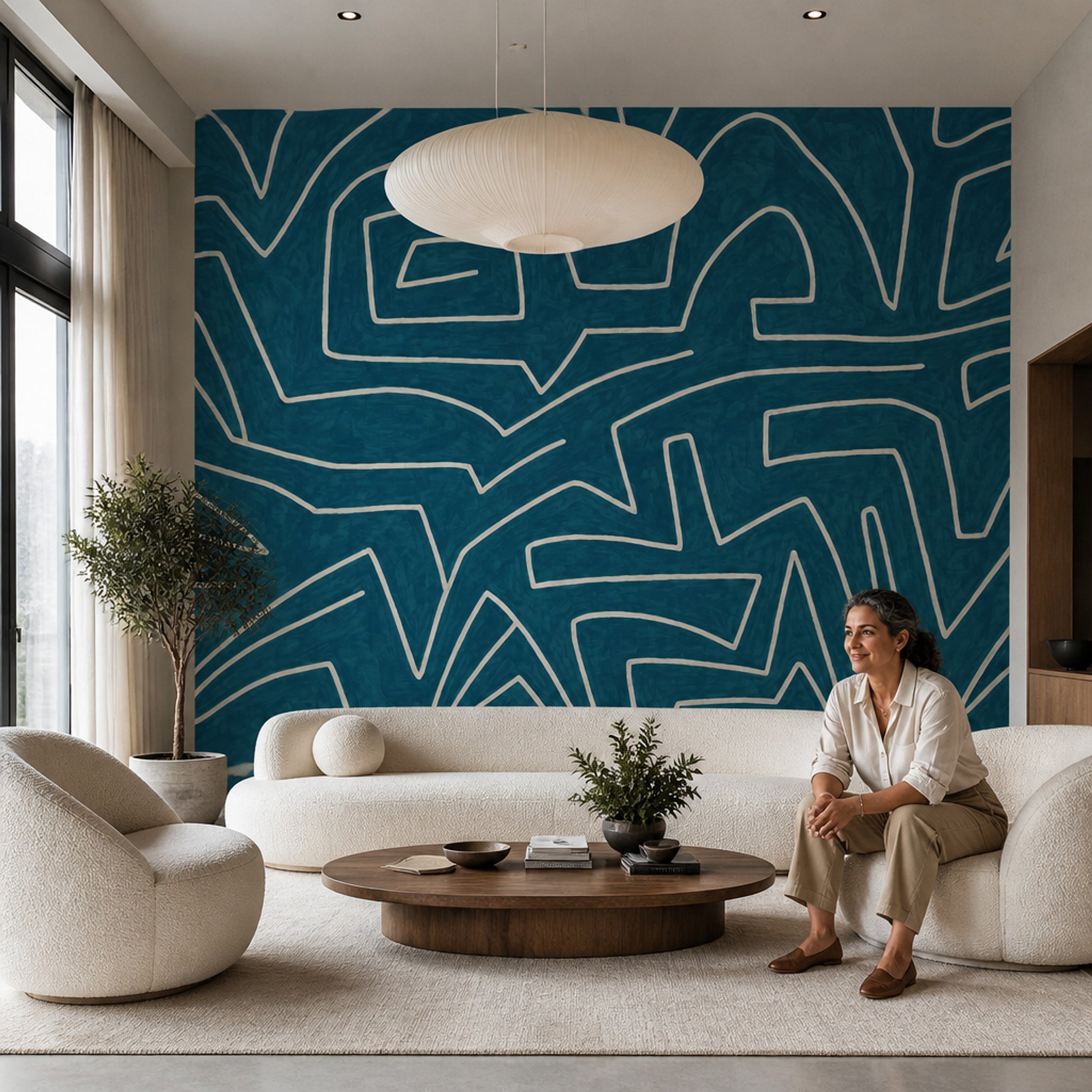 Lacivert Soyut Çizgili Poster Duvar Kağıdı Modern Salon