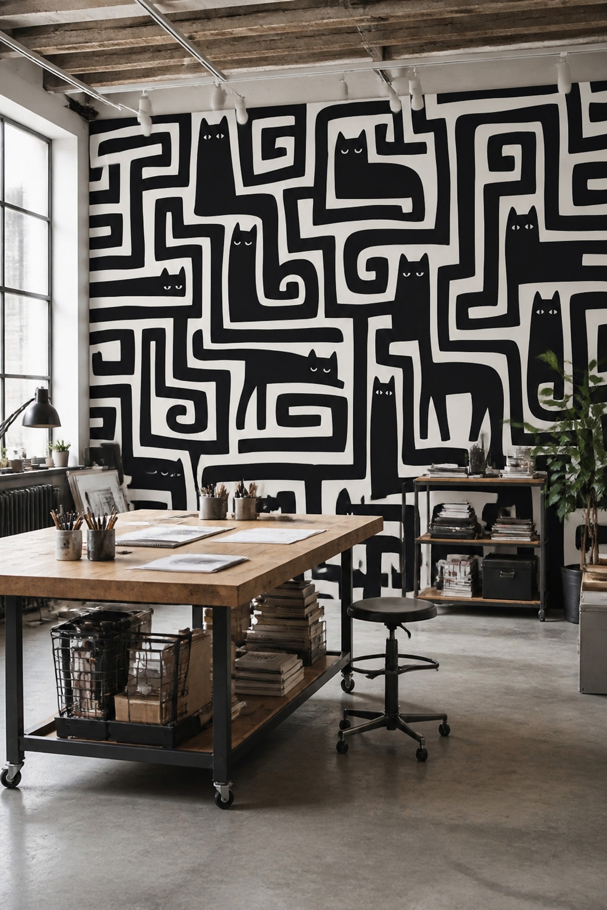 Geometrik Kedili Poster Duvar Kağıdı Siyah Beyaz Genç Odası
