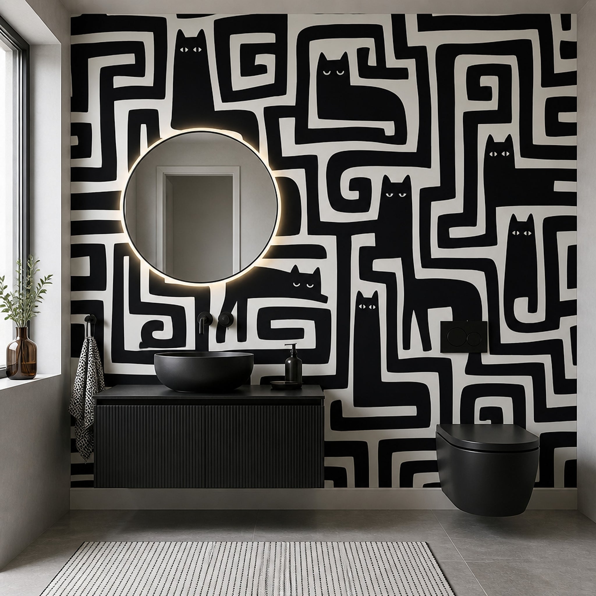 Geometrik Kedili Poster Duvar Kağıdı Siyah Beyaz Genç Odası