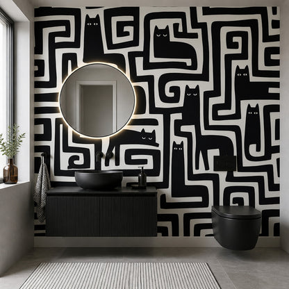 Geometrik Kedili Poster Duvar Kağıdı Siyah Beyaz Genç Odası