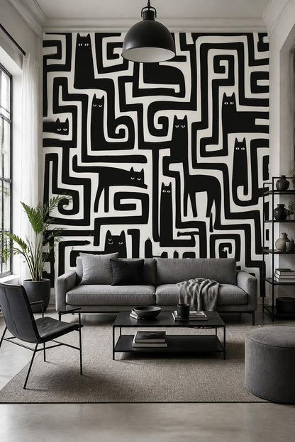 Geometrik Kedili Poster Duvar Kağıdı Siyah Beyaz Genç Odası