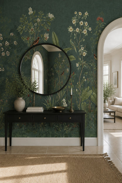 Kuşlu Botanik Poster Duvar Kağıdı Koyu Yeşil Salon
