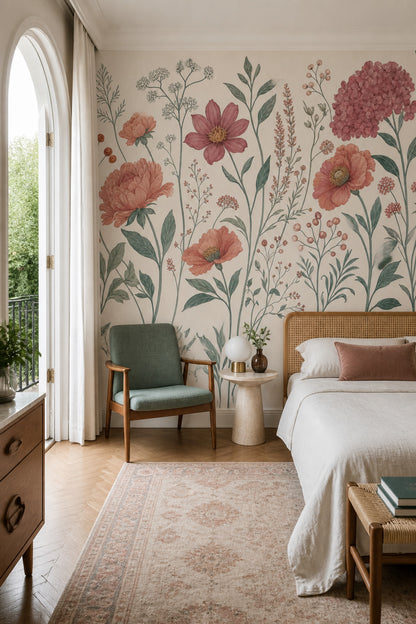 Büyük Çiçekli Poster Duvar Kağıdı Pudra Pembe Botanik Salon