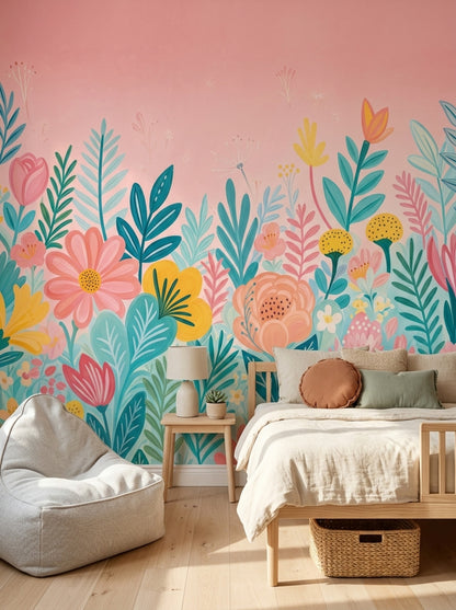 Pastel Çiçekli Poster Duvar Kağıdı Pembe Çocuk Odası Desenli