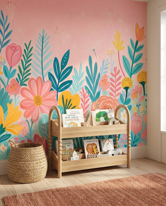 Pastel Çiçekli Poster Duvar Kağıdı Pembe Çocuk Odası Desenli