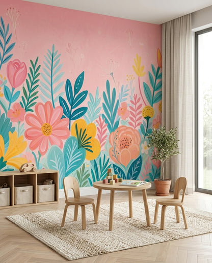 Pastel Çiçekli Poster Duvar Kağıdı Pembe Çocuk Odası Desenli