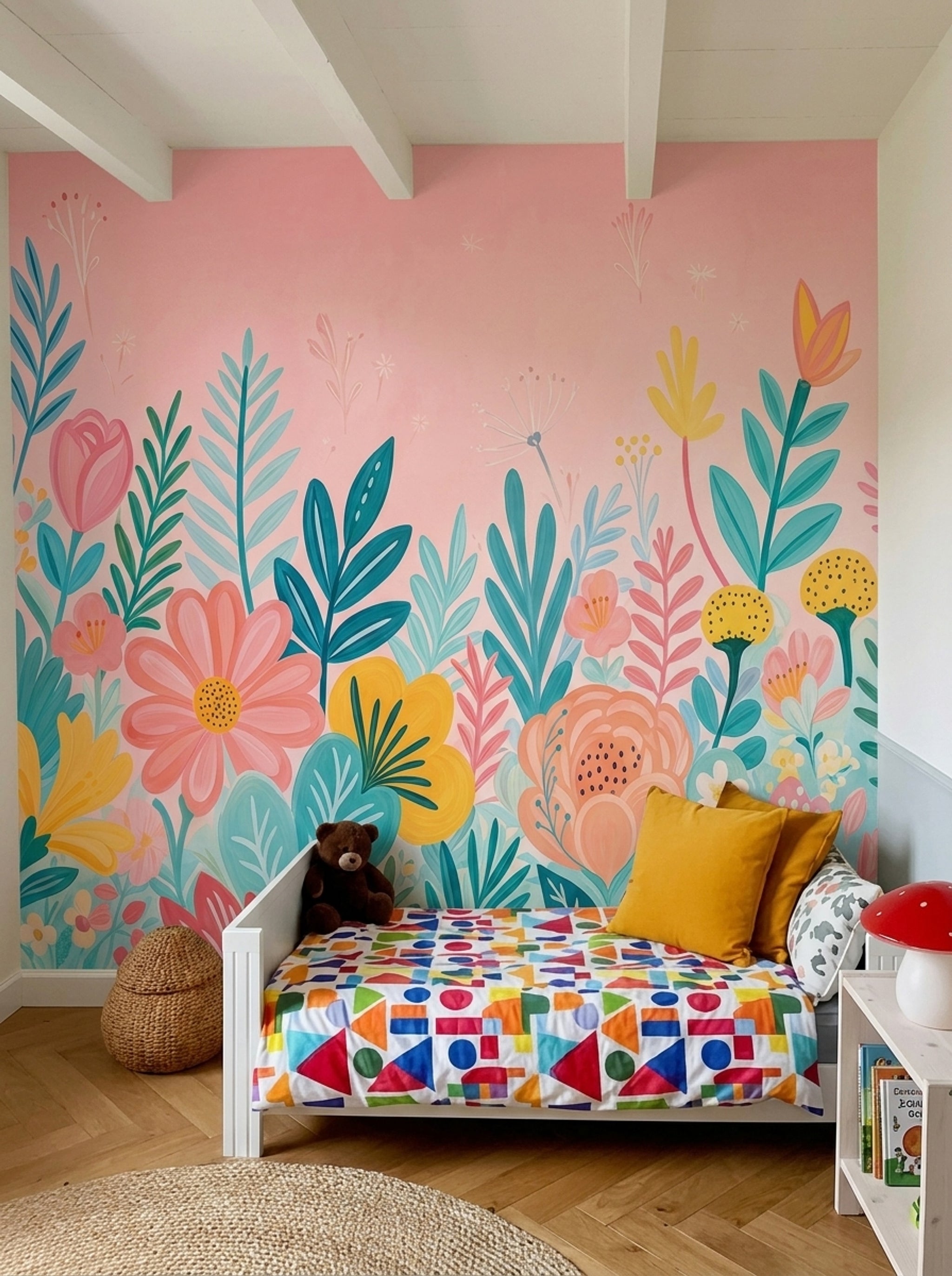 Pastel Çiçekli Poster Duvar Kağıdı Pembe Çocuk Odası Desenli