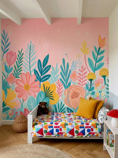 Pastel Çiçekli Poster Duvar Kağıdı Pembe Çocuk Odası Desenli