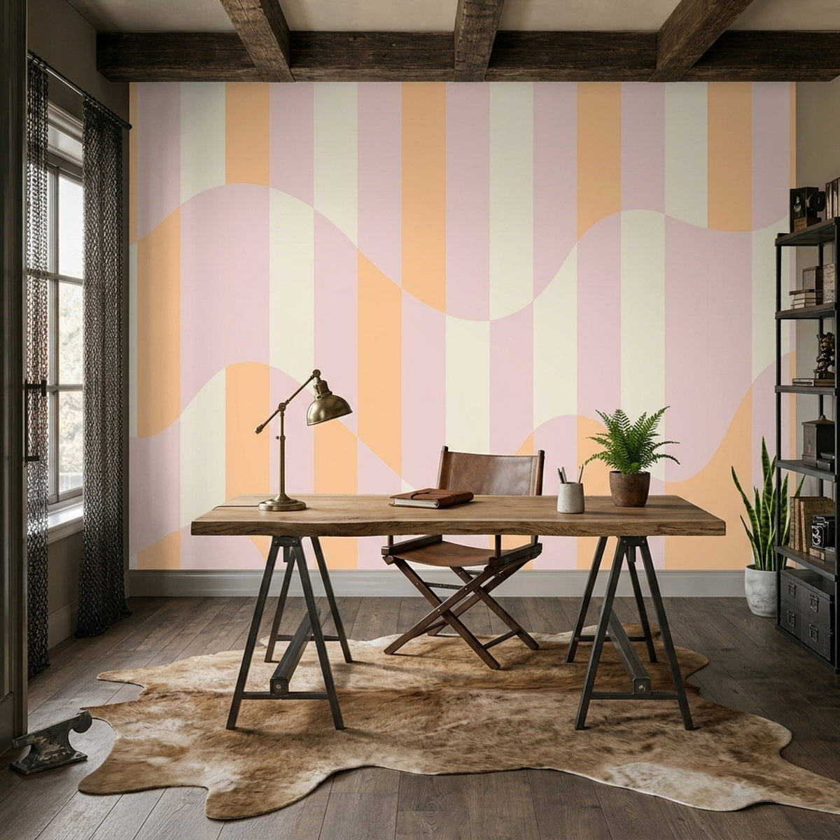 Pastel Dalgalı Çizgili Poster Duvar Kağıdı Pembe Turuncu Salon