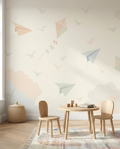 Uçurtma ve Bulutlu Poster Duvar Kağıdı Pastel Bebek Odası