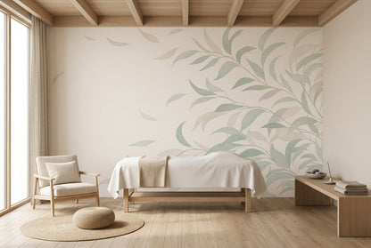 Pastel Yaprak Desenli Poster Duvar Kağıdı Açık Renk Salon