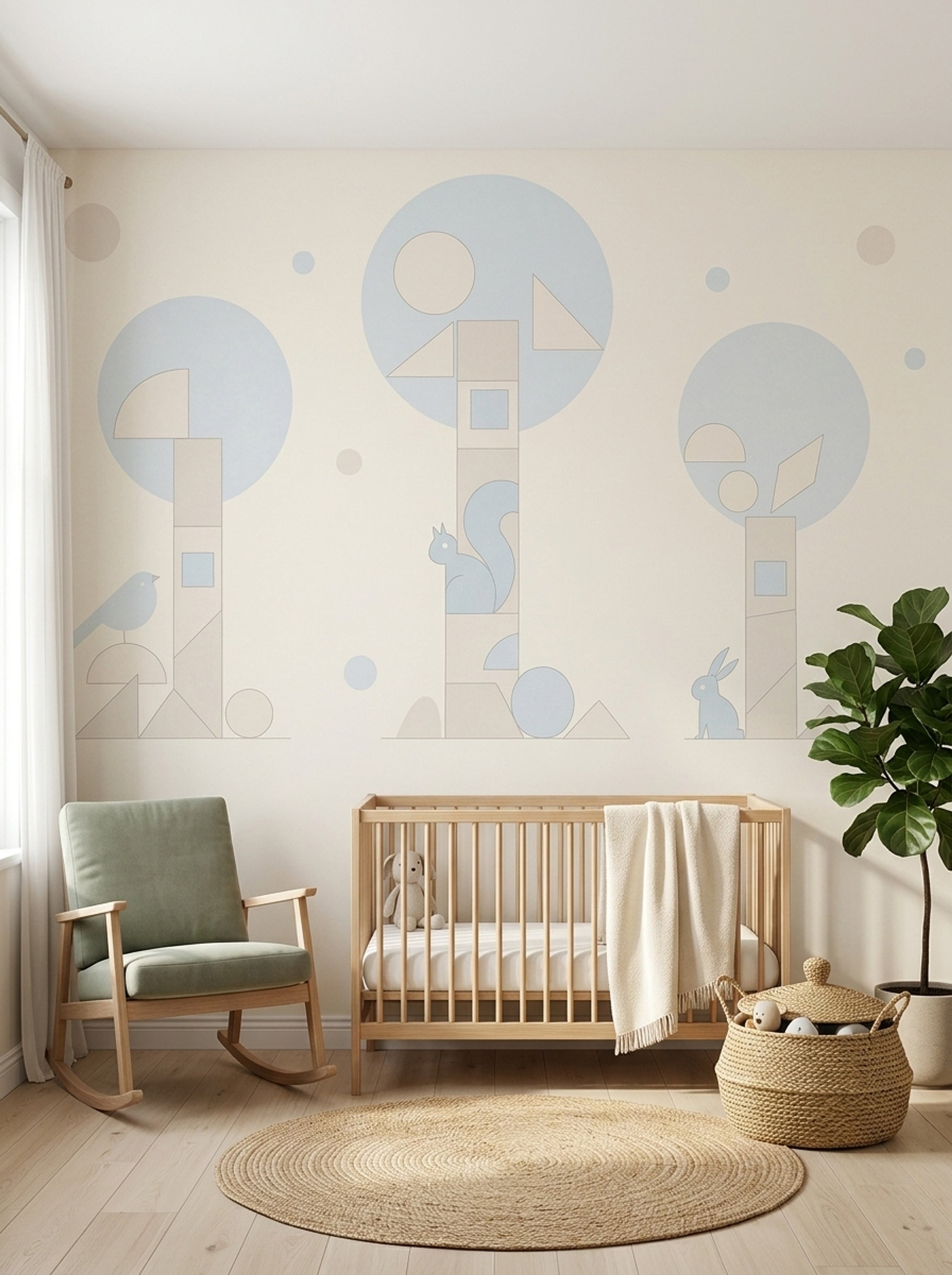 Geometrik Ağaç ve Hayvanlı Poster Duvar Kağıdı Bebek Odası