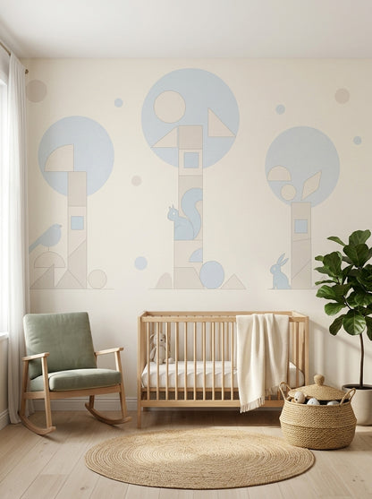 Geometrik Ağaç ve Hayvanlı Poster Duvar Kağıdı Bebek Odası