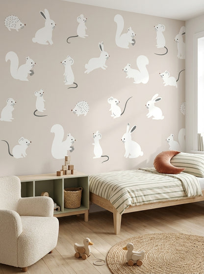 Sevimli Orman Hayvanlı Poster Duvar Kağıdı Bej Bebek Odası