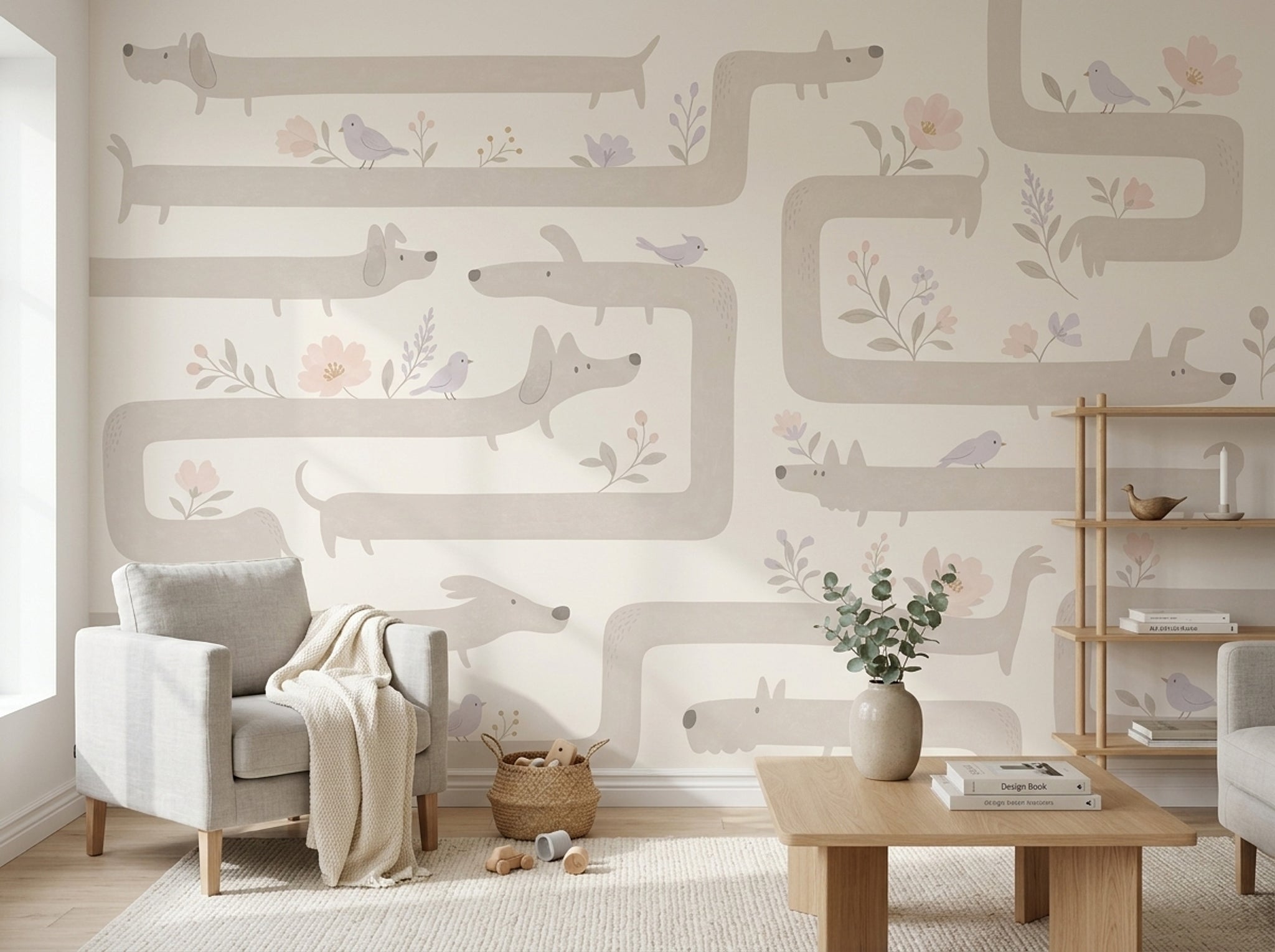 Köpekli Çocuk Odası Poster Duvar Kağıdı Bej Pastel Desen