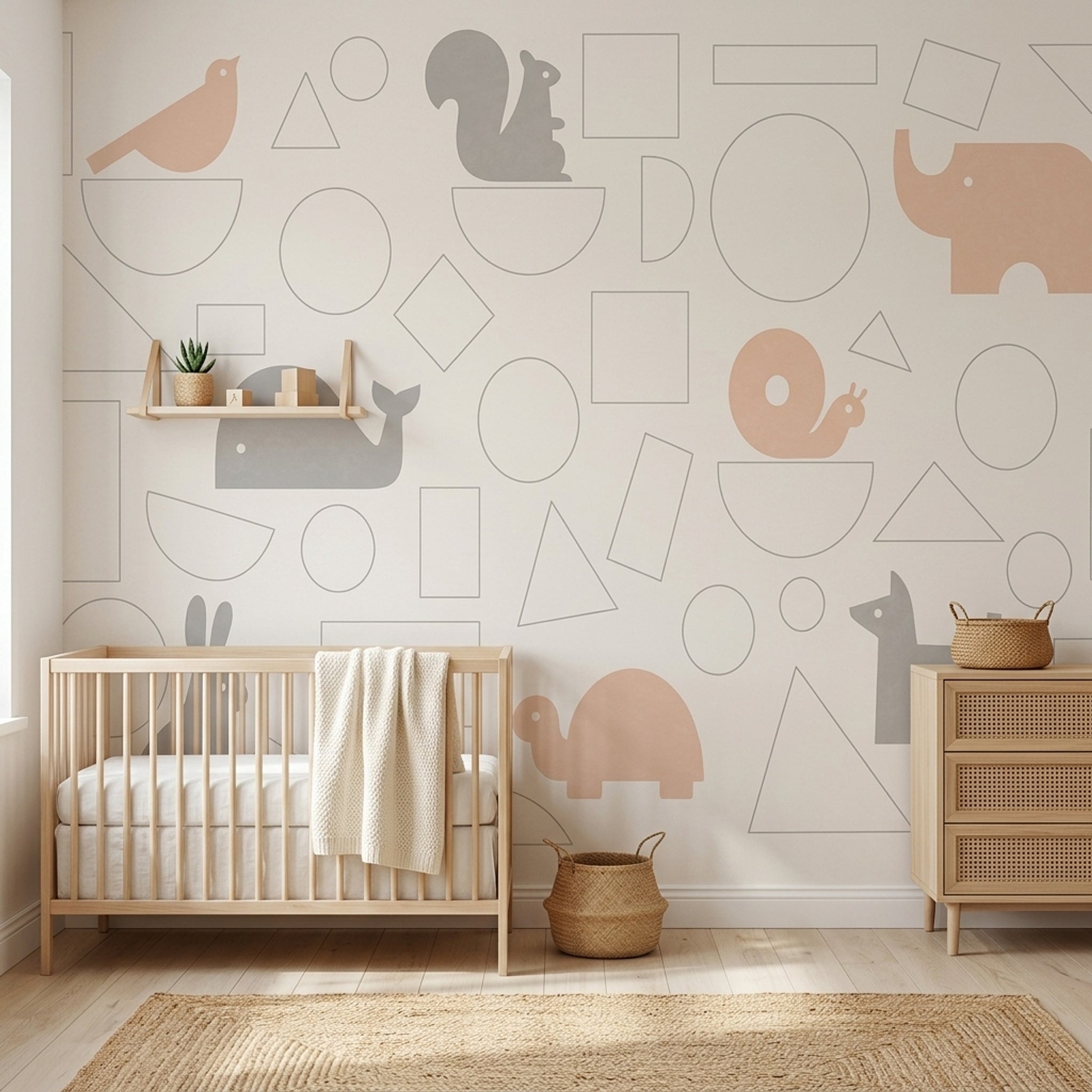 Geometrik Hayvanlı Poster Duvar Kağıdı Bej Gri Bebek Odası