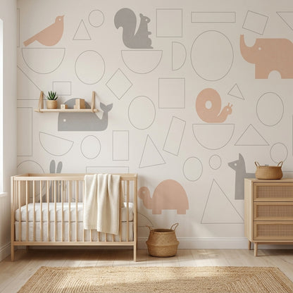 Geometrik Hayvanlı Poster Duvar Kağıdı Bej Gri Bebek Odası