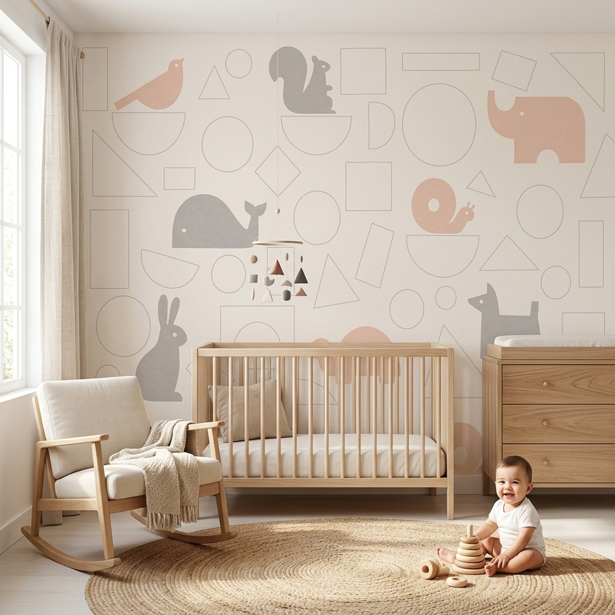 Geometrik Hayvanlı Poster Duvar Kağıdı Bej Gri Bebek Odası