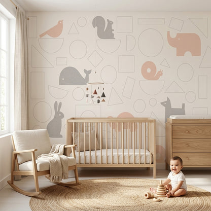Geometrik Hayvanlı Poster Duvar Kağıdı Bej Gri Bebek Odası