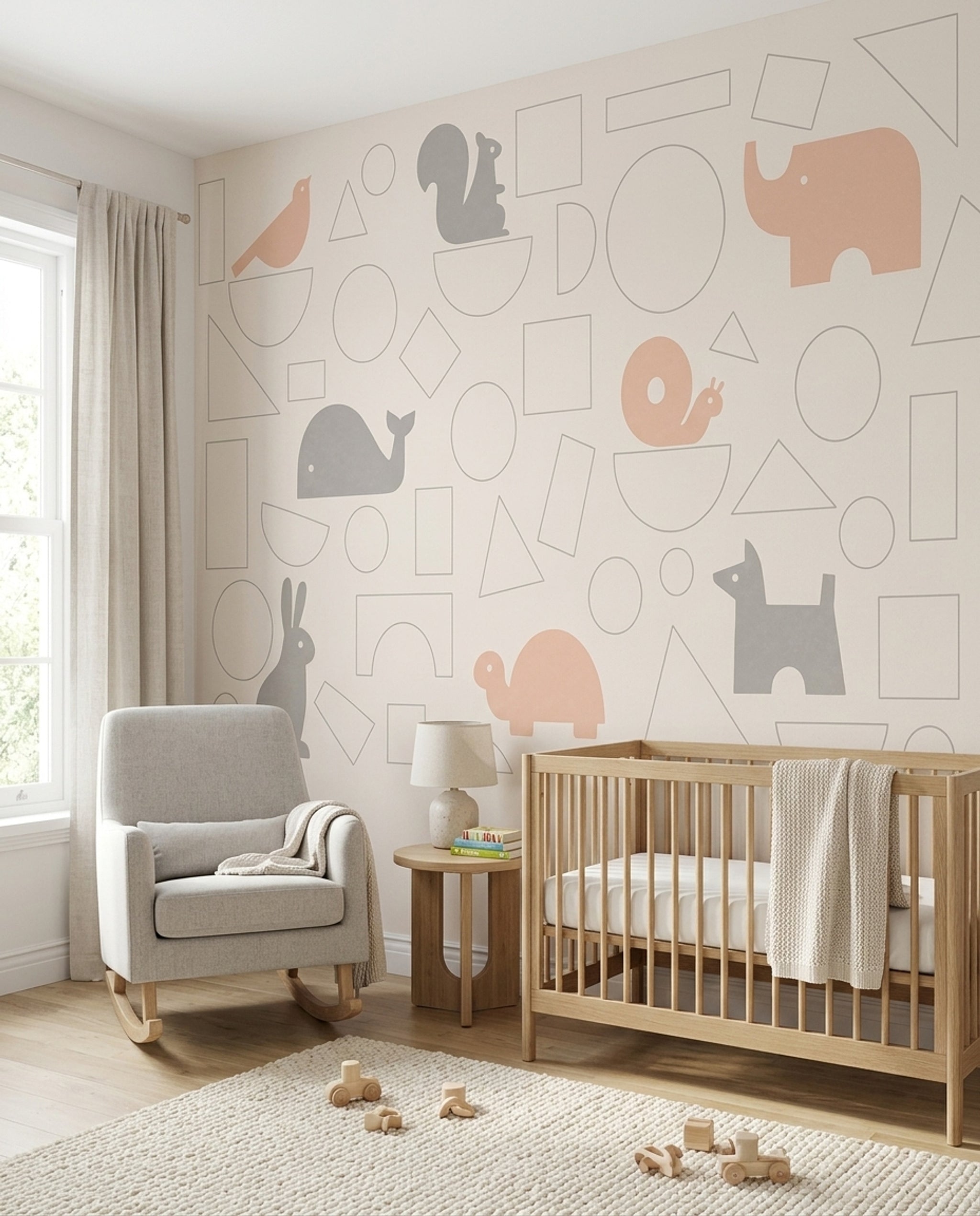 Geometrik Hayvanlı Poster Duvar Kağıdı Bej Gri Bebek Odası