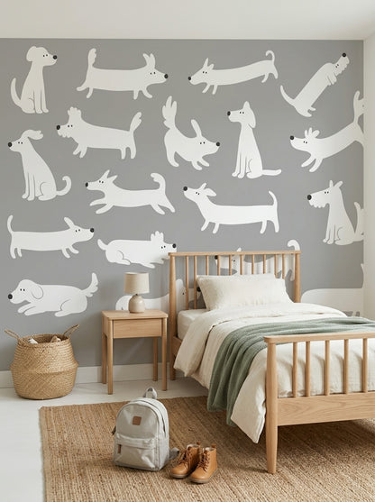 Sevimli Köpek Desenli Poster Duvar Kağıdı Gri Beyaz Bebek Odası