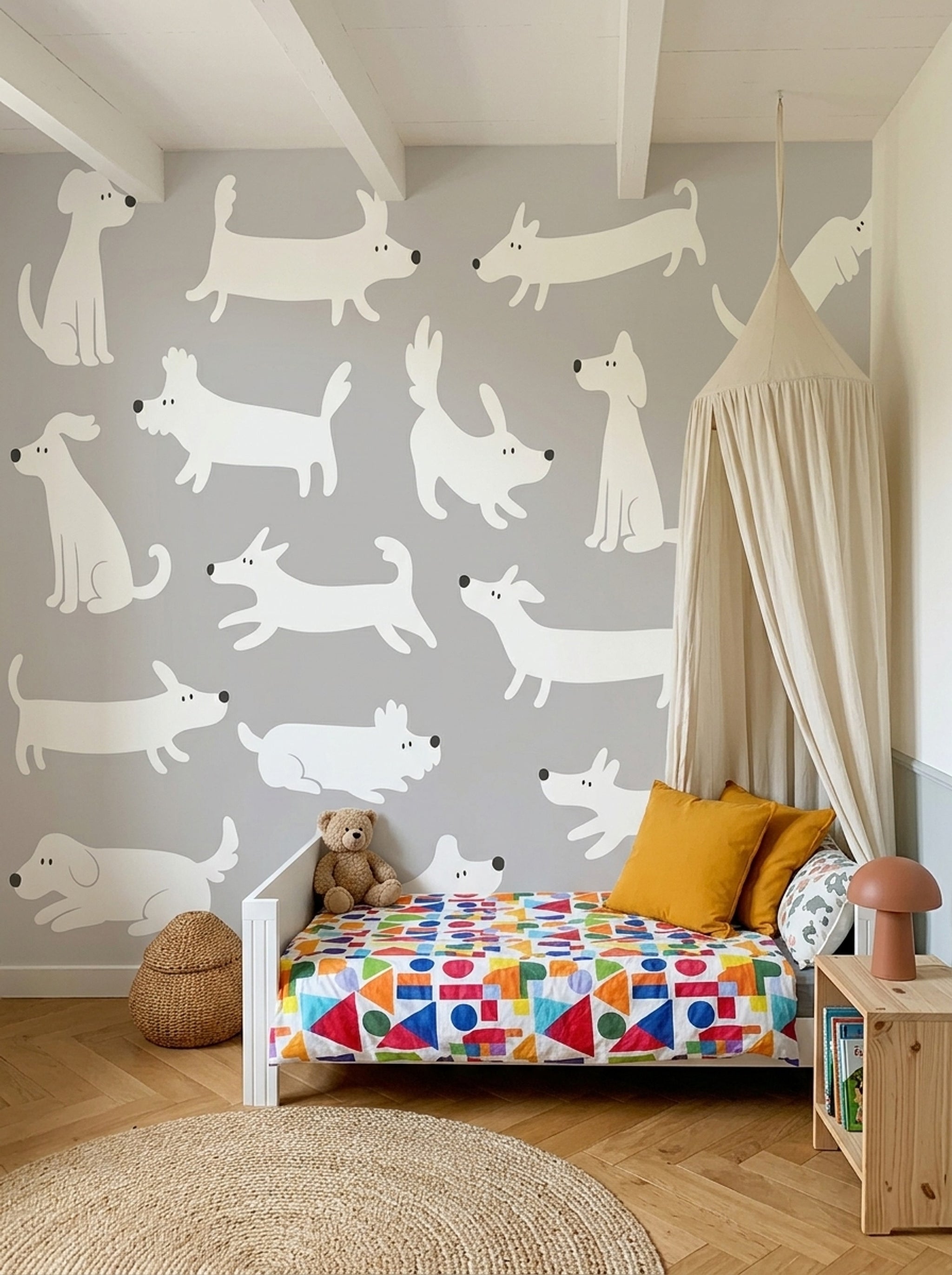 Sevimli Köpek Desenli Poster Duvar Kağıdı Gri Beyaz Bebek Odası