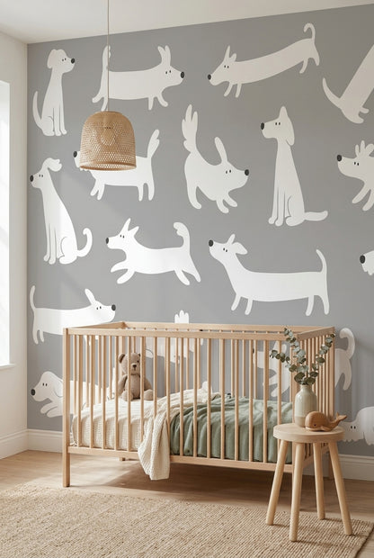 Sevimli Köpek Desenli Poster Duvar Kağıdı Gri Beyaz Bebek Odası