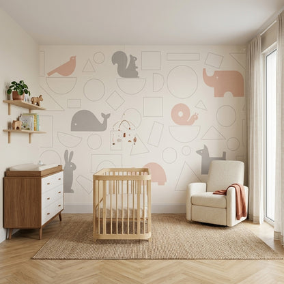 Geometrik Hayvanlı Poster Duvar Kağıdı Bej Gri Bebek Odası
