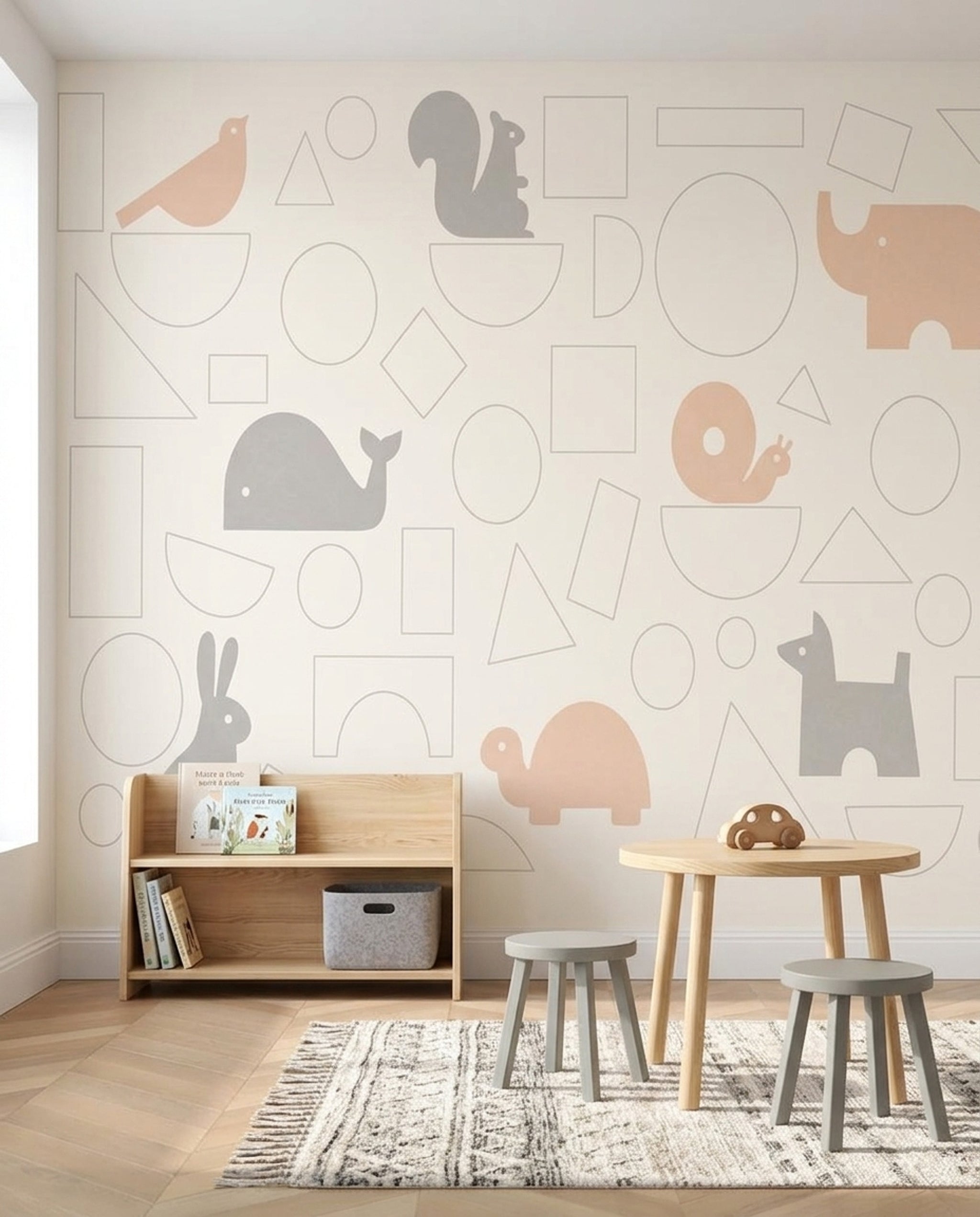 Geometrik Hayvanlı Poster Duvar Kağıdı Bej Gri Bebek Odası